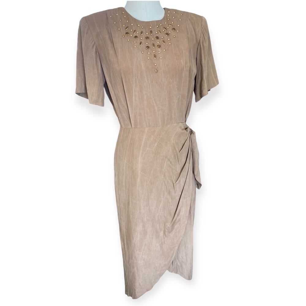 Vintage 80's Dress Metal Beaded Studded Wrap Skirt Tulip Hem Tan NWT size 11/12